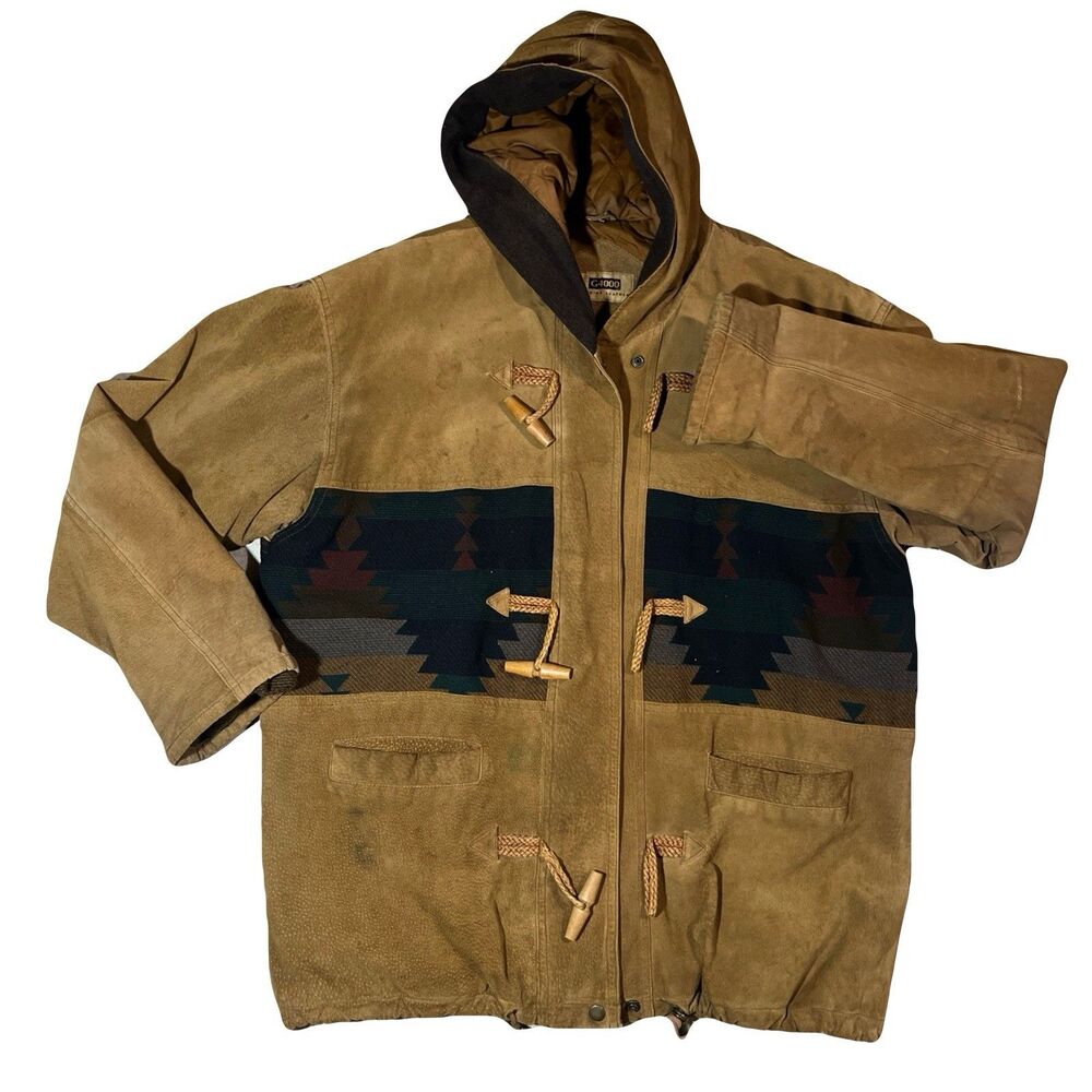 Vtg G4000 Suede Leather Jacket Aztec Southwest Toggle Hooded L